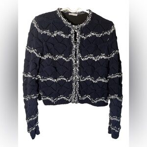 MAISON ULLENS Dark Blue Knit Sweater Jacket w/White Piping/ Leaf Detailing XS